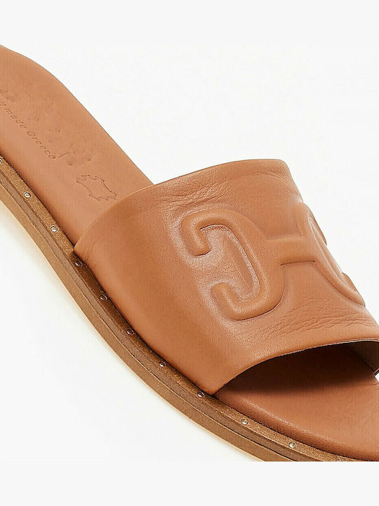 Leather Women's Flat Sandals in Tabac Brown Color