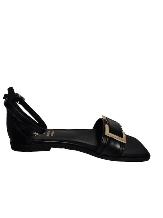 Mariella Fabiani Leather Women's Flat Sandals with Strap in Black Color