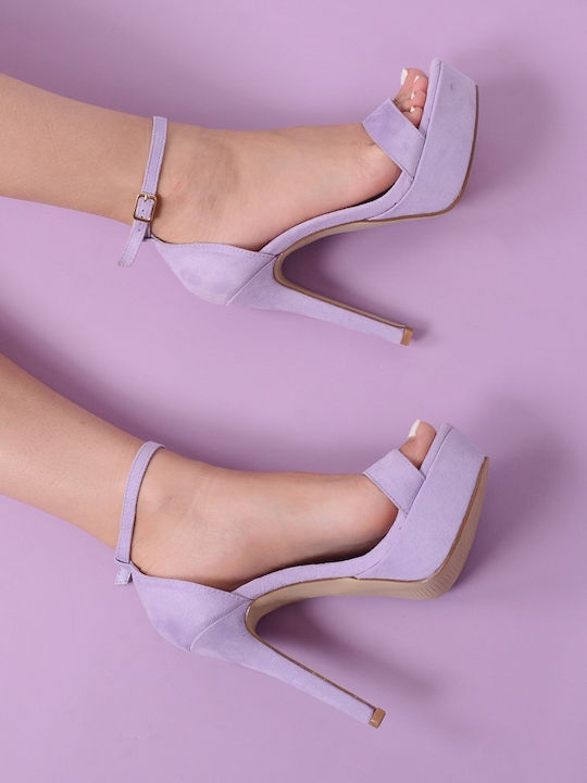 Famous Shoes Suede Γυναικεία Πέδιλα με Λεπτό Ψηλό Τακούνι σε Μωβ Χρώμα