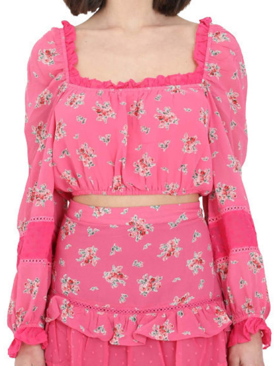 Damen Crop Top Langarm Blumen Rosa