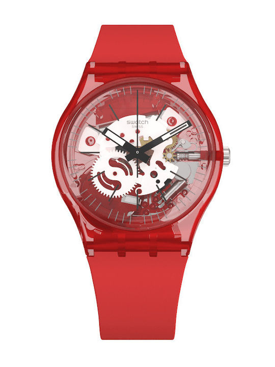 Swatch Rosso Bianco Damen Uhr mit Rot Kautschukarmband
