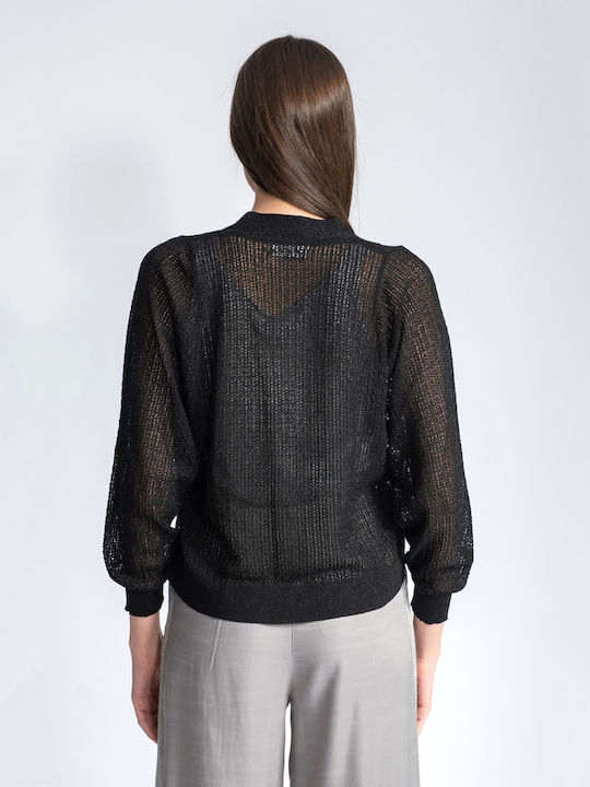 Aggel Knitwear Κοντή Γυναικεία Πλεκτή Ζακέτα σε Μαύρο Χρώμα