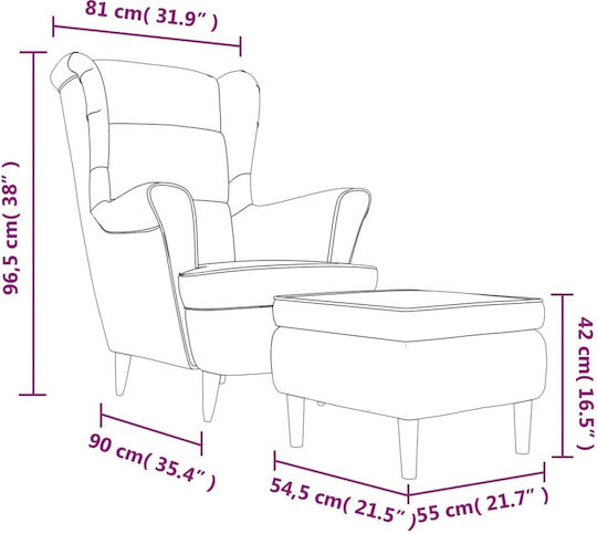 Ohrensessel mit Fußhocker Samt Light Grey 81x90x96.5cm