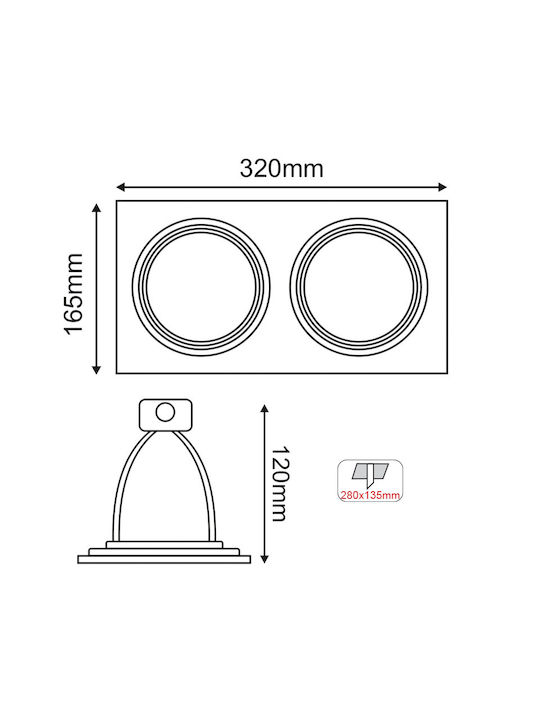 Aca AR111 Rectangle Metallic Recessed Spot Black 32x16.5cm.