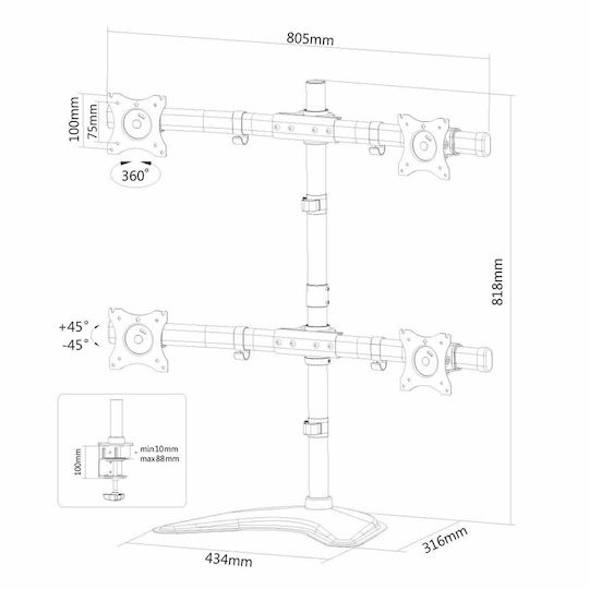Neomounts Schreibtisch Halterung für 4 Monitore bis 27" mit Arm (NM-D335D4BLACK)