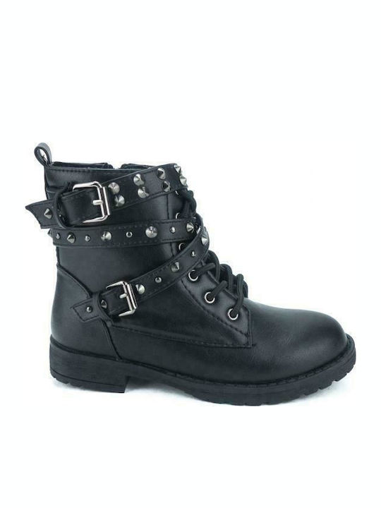 Touiti Kids Leather Military Boots with Zipper Black