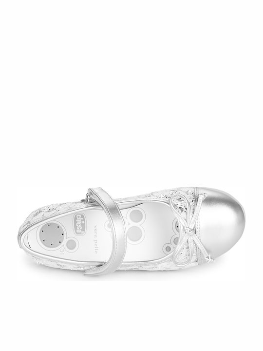 Kids Leather Ballerinas Cleliana with Hoop & Loop Closure Silver