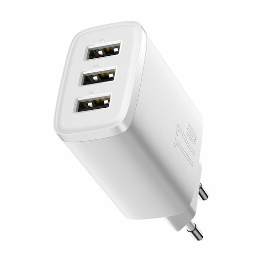 Baseus Încărcător Fără Cablu cu 3 Porturi USB-A 17W Albς (Compact)