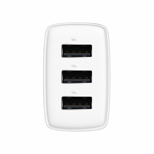 Baseus Încărcător Fără Cablu cu 3 Porturi USB-A 17W Albς (Compact)