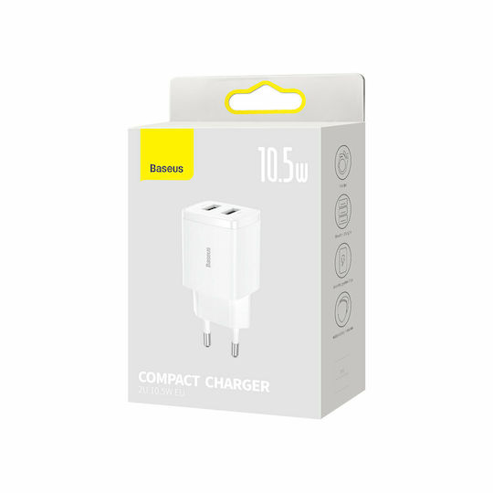 Baseus Charger Without Cable with 2 USB-A Ports 10.5W Whites (Compact)