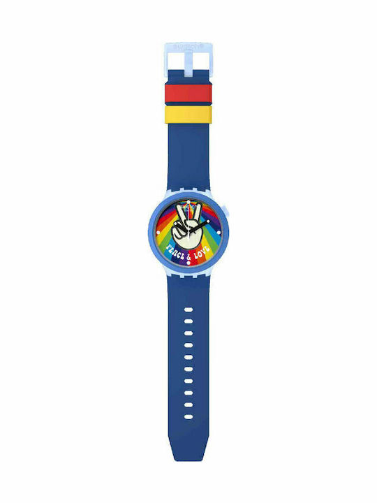 Swatch Pride Peace Hand Love Мъжки Часовник 47мм На Батерия с Син Каучукова Каишка