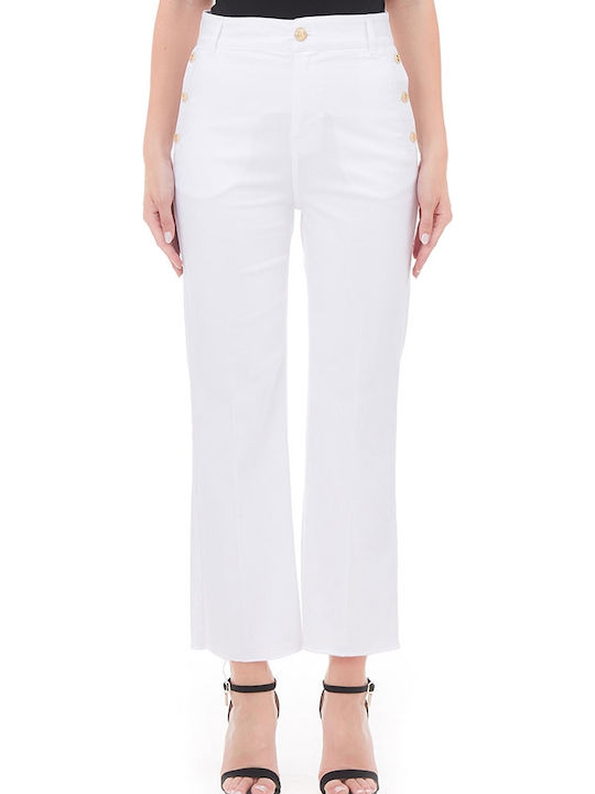 Drill Fringed High Waist Women's Jean Trousers White