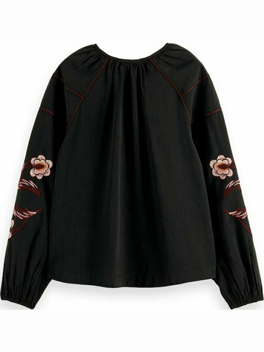 Women's Blouse Long Sleeve with V Neckline Black