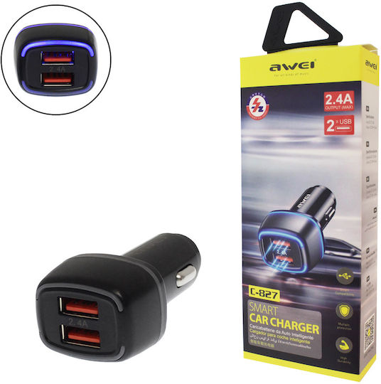 Awei C-827 Smart Car Charger 2.4A Fast Charging with Ports: 2xUSB Black Color