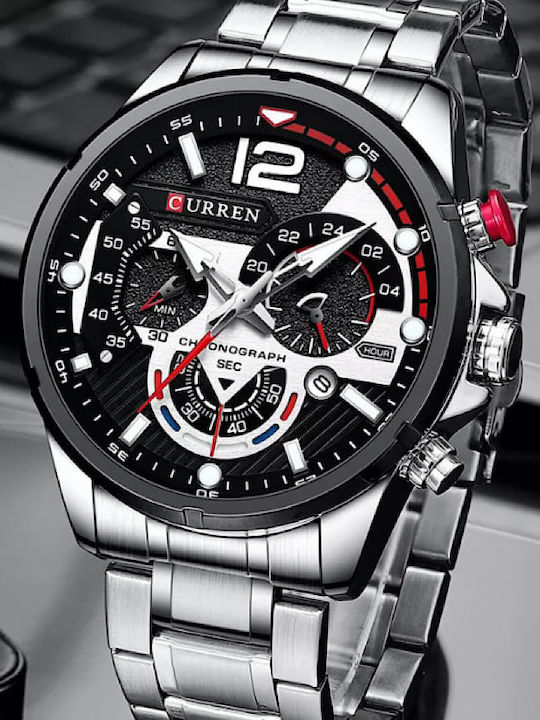 Curren Men's Watch 47mm Chronograph Battery with Silver Metal Bracelet