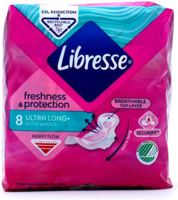 Libresse Freshness & Protection Ultra Long+ Sanitary Pads with Wings for Heavy Flow 3 Drops 8pcs