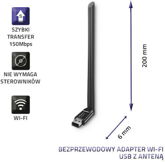 Qoltec 57001 USB Network Adapter with Wireless Wi-Fi Connection 150Mbps and Detachable Antenna