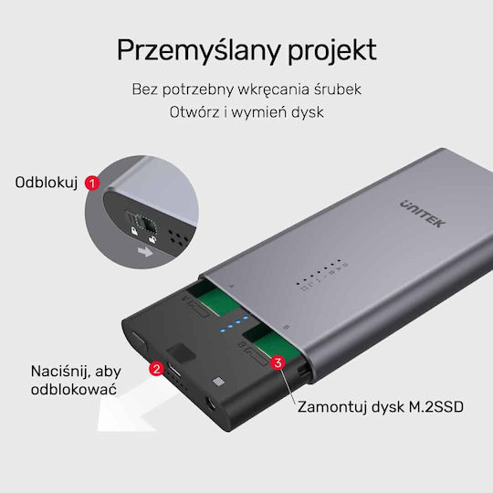Unitek SolidForce Θήκη για 2 Σκληρούς Δίσκους M.2 PCI Express NVME με σύνδεση Type-C σε Γκρι χρώμα