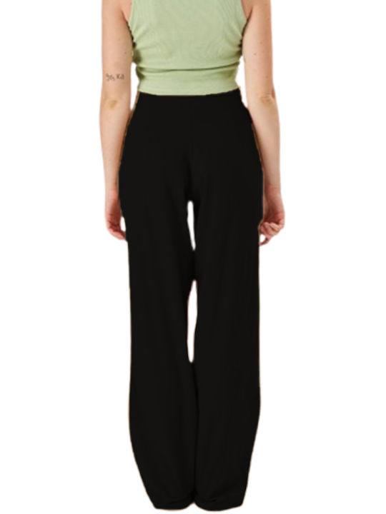 24 Colours A Women's High-waisted Linen Trousers with Elastic in Straight Line Black