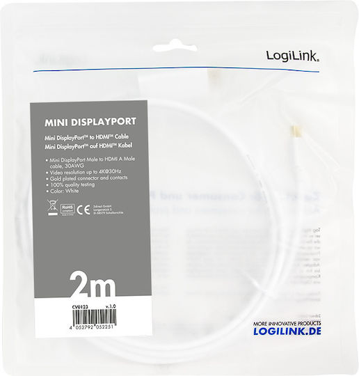 LogiLink Cable mini DisplayPort male - HDMI male 2m Λευκό (CV0123)