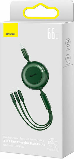 Baseus Bright Mirror 2 Retractable USB to Lightning / Type-C / micro USB Cable Πράσινο 1.1m (CAMJ010106)