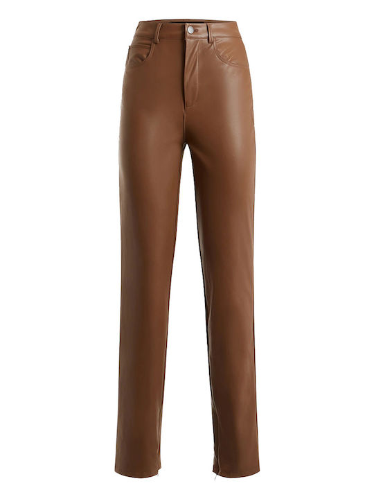 Women's High-waisted Leather Trousers Skinny Fit Brown