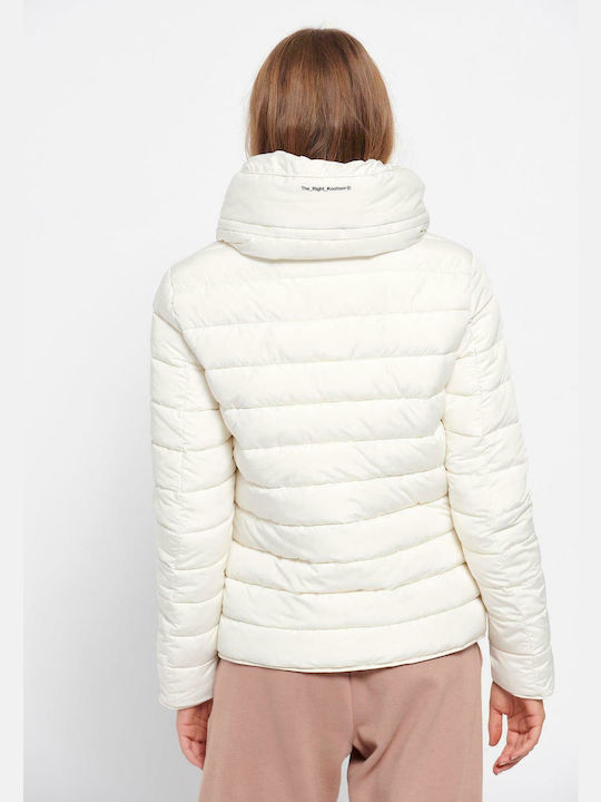 Funky Buddha Women's Short Puffer Jacket for Winter with Hood Off White