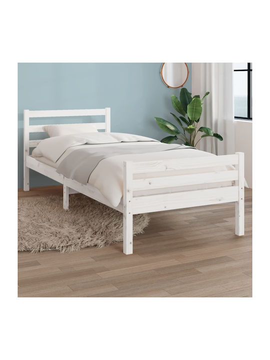 Single Bed Solid Wood with Slats Λευκό 100x200cm