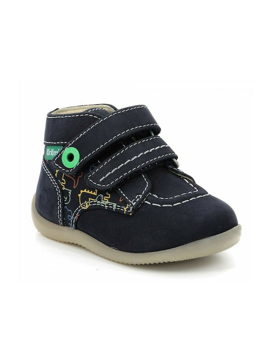 Kickers Bonkro 2 Kids Leather Boots with Hoop & Loop Closure Blue