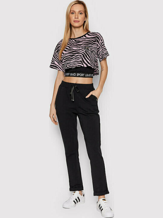 Women's Crop Top Cotton Short Sleeve Animal Print Black