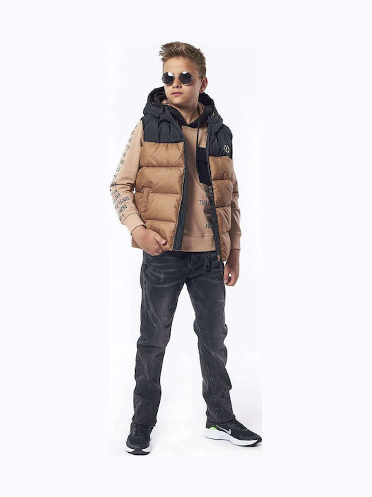 Kids' Quilted Jacket Sleeveless Short with Hood Brown