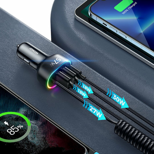 Joyroom JR-CL20 Φορτιστής Αυτοκινήτου 57W με Θύρες: 1xUSB 2xType-C μαζί με Καλώδιο Lightning Μαύρο Χρώμα