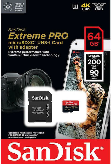 Sandisk Extreme Pro microSDXC 64GB U3 V30 A2 UHS-I 200MB/s с адаптер