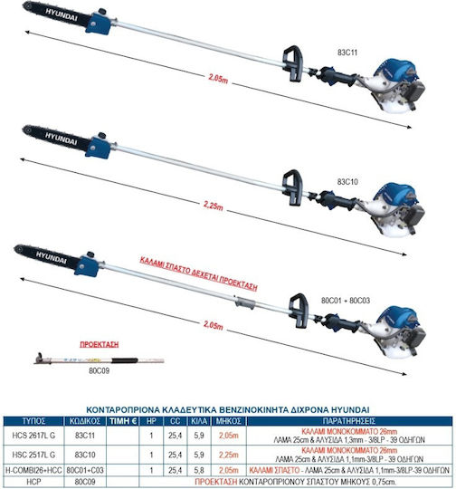 Hyundai HCS 2517LG Pile De Ferăstrău Telescopic Pe Benzină 1.2hp Lungime Totală 242cm Și Lamă 25cm