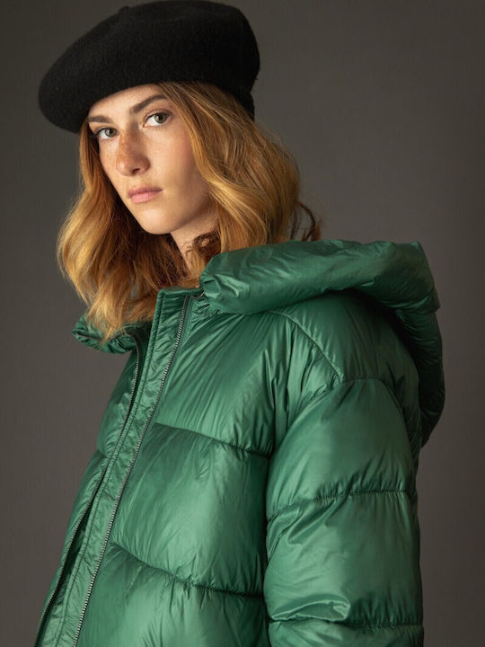 Women's Long Puffer Jacket for Winter with Hood Green