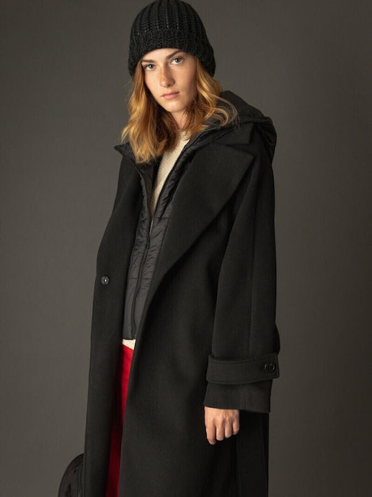 Damen Schwarz Mantel Oversized mit Kapuze