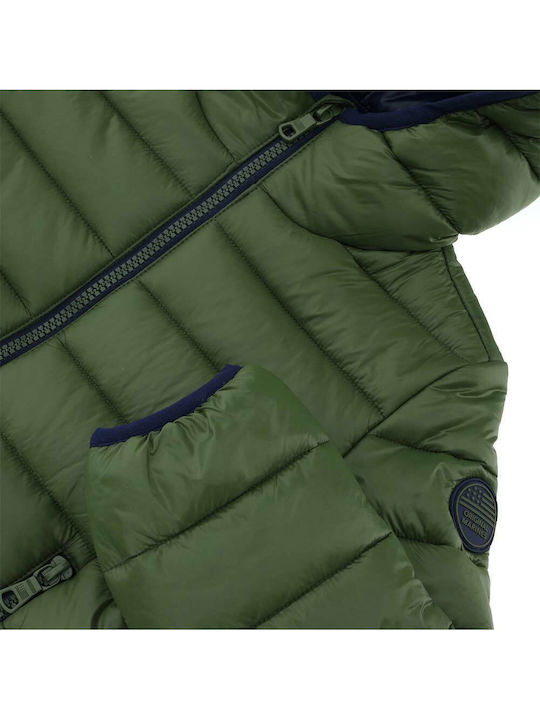 Kids Quilted Short Coat with Hood Khaki