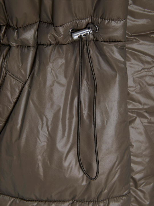 Women's Short Puffer Jacket for Winter Khaki