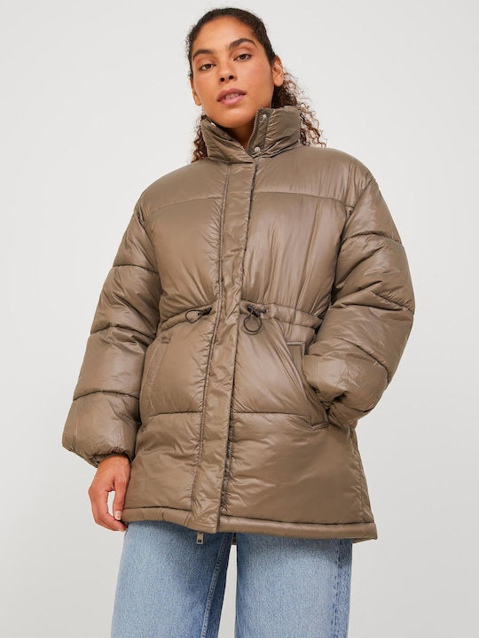 Women's Short Puffer Jacket for Winter Khaki