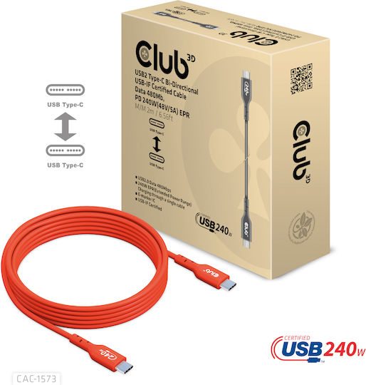 Club3D USB 2.0 Cable USB-C male - USB-C 240W PD Πορτοκαλί 2m CAC-1573