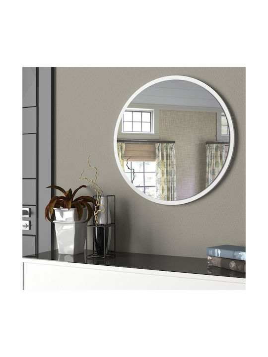 ArteLibre Makur Wall Mirror with White Wooden Frame Diameter 60cm 1pcs