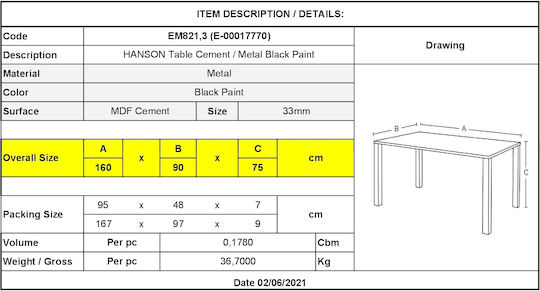 Hanson Dining Room Table 160x90x75cm