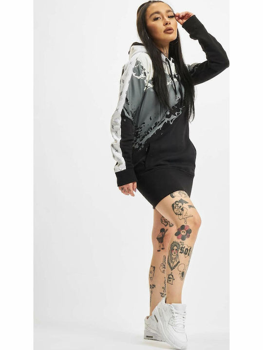 Mini Sportliches Damenkleid Langärmelig mit Kapuze Schwarz