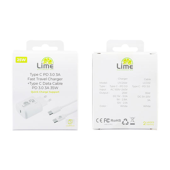 Lime Φορτιστής με Θύρα USB-C και Καλώδιο USB-C 35W Quick Charge 3.0 Λευκός (LCC02)