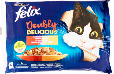 Purina Felix Doubly Delicious Hrana umeda pentru pisici adulte in Pungă cu Carne de vită / Păsări de curte in gelatina 85gr 4buc