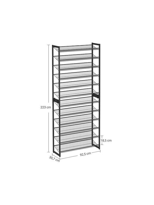 Metallic Shoe Organizer with 12 Shelves Black 92.5x30.7x223cm