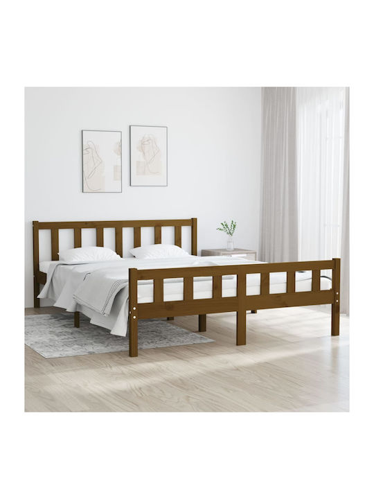 Double Bed Solid Wood with Slats Καφέ Μελί 150x200cm