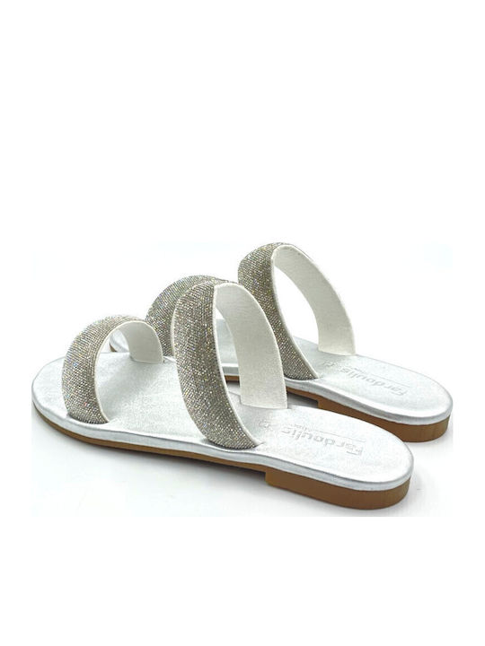 Leather Women's Flat Sandals in Silver Color
