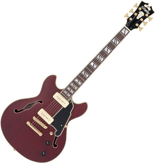 D'Angelico Deluxe DC Електрическа Китара ES с 1xP90 Конфигурация на Пикапите Matte Trans Wine
