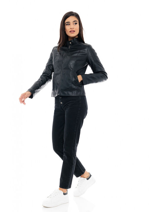 Women's Short Biker Artificial Leather Jacket for Spring or Autumn Black